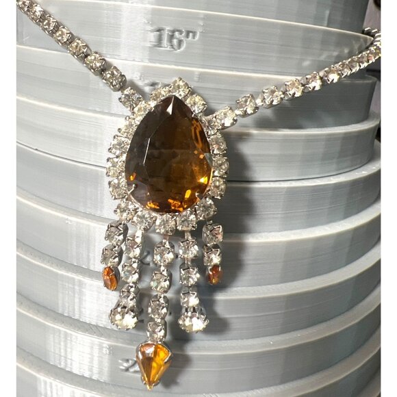 Vtg Rhinestone Bib Necklace Amber Glass Centerpiece Dangling Drops 16" Statement - Picture 2 of 6